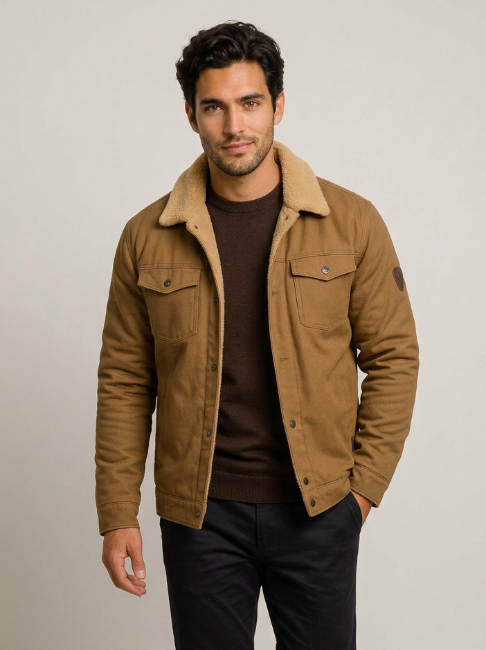 Man walking in khaki shearling collar winter jacket