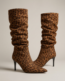 Women's suede-style slouch knee-high boots in leopard, hero view
