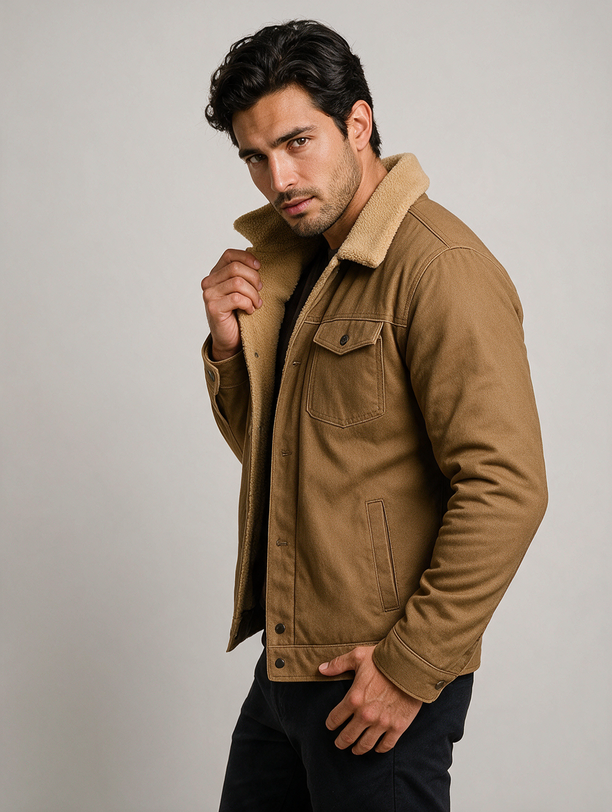 Man walking in khaki shearling collar winter jacket