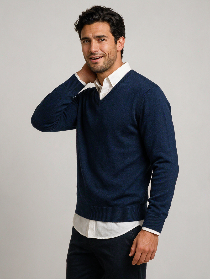 Navy V-neck wool blend jumper, side view
