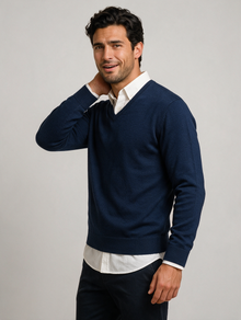 Navy V-neck wool blend jumper, side view