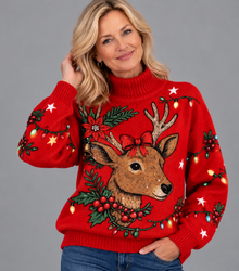 Women's Red Christmas Jumper – Cosy Reindeer Knit with Roll Neck