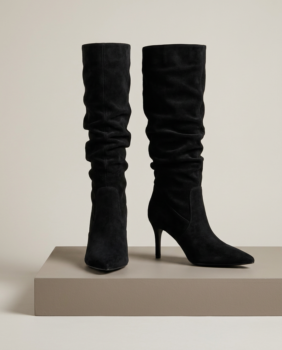 Women's suede-style slouch knee-high boots in black