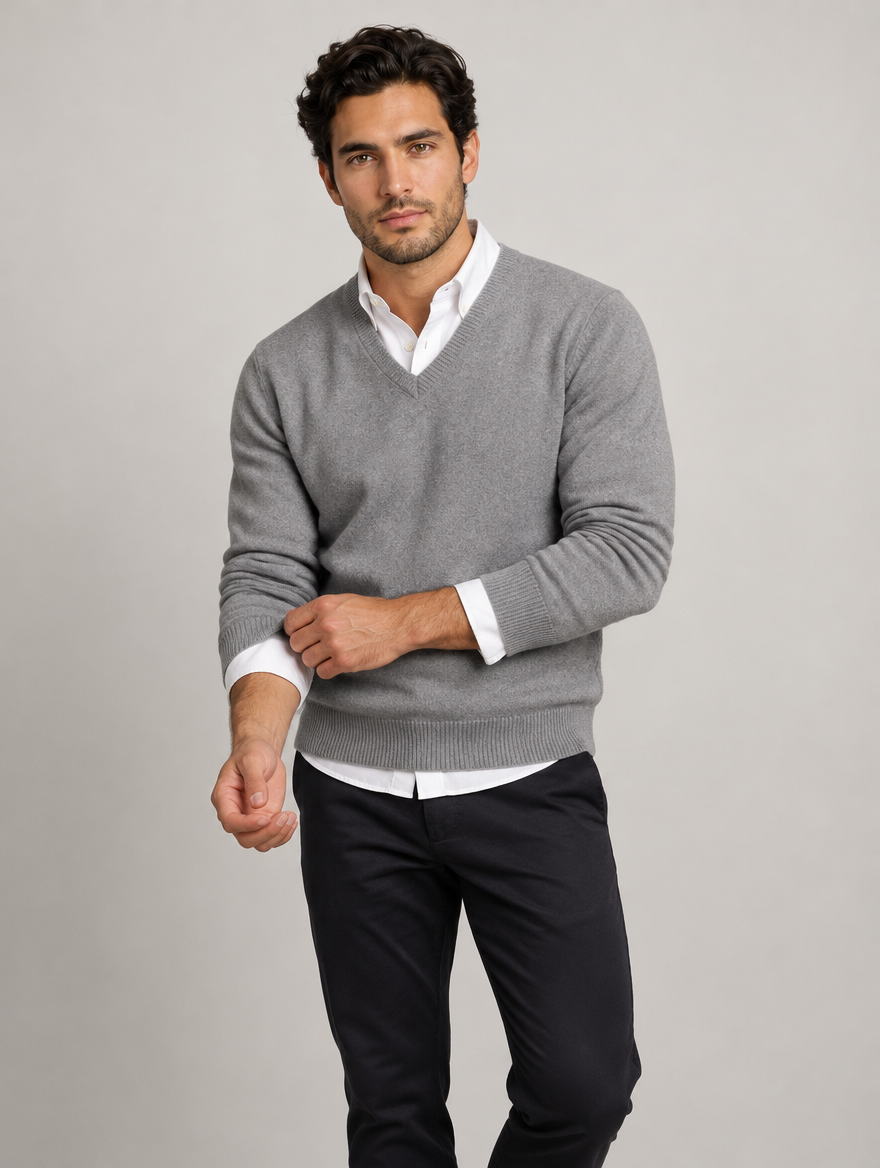 Light grey men's V-neck wool blend jumper on model