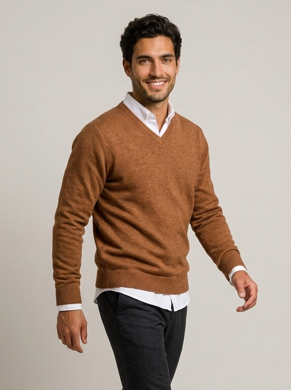Man walking in brown V-neck wool blend jumper