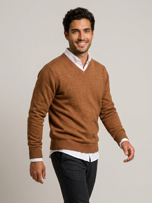 Man walking in brown V-neck wool blend jumper