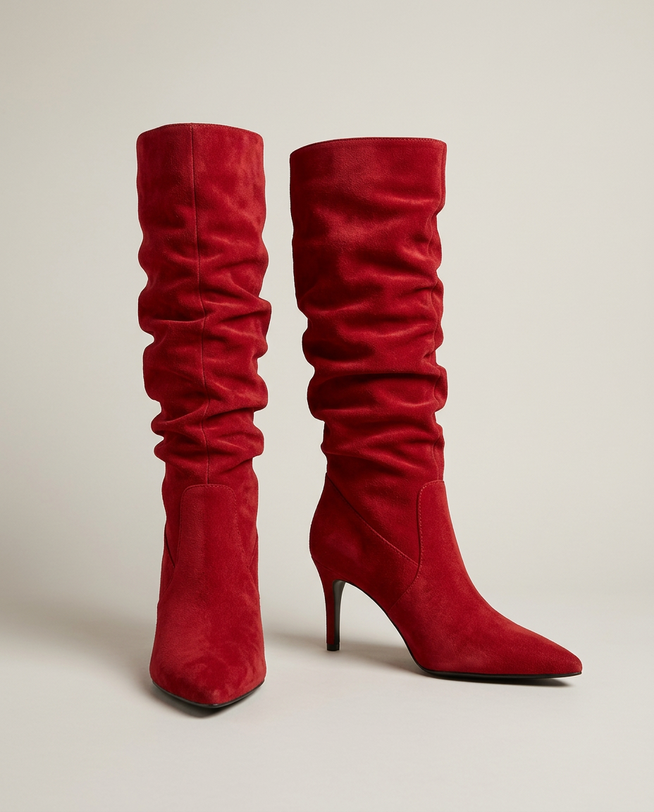 Women's suede-style slouch knee-high boots in red