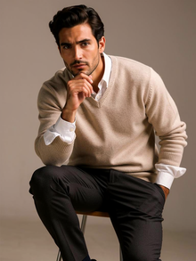 Beige men's V-neck lightweight knit jumper on model