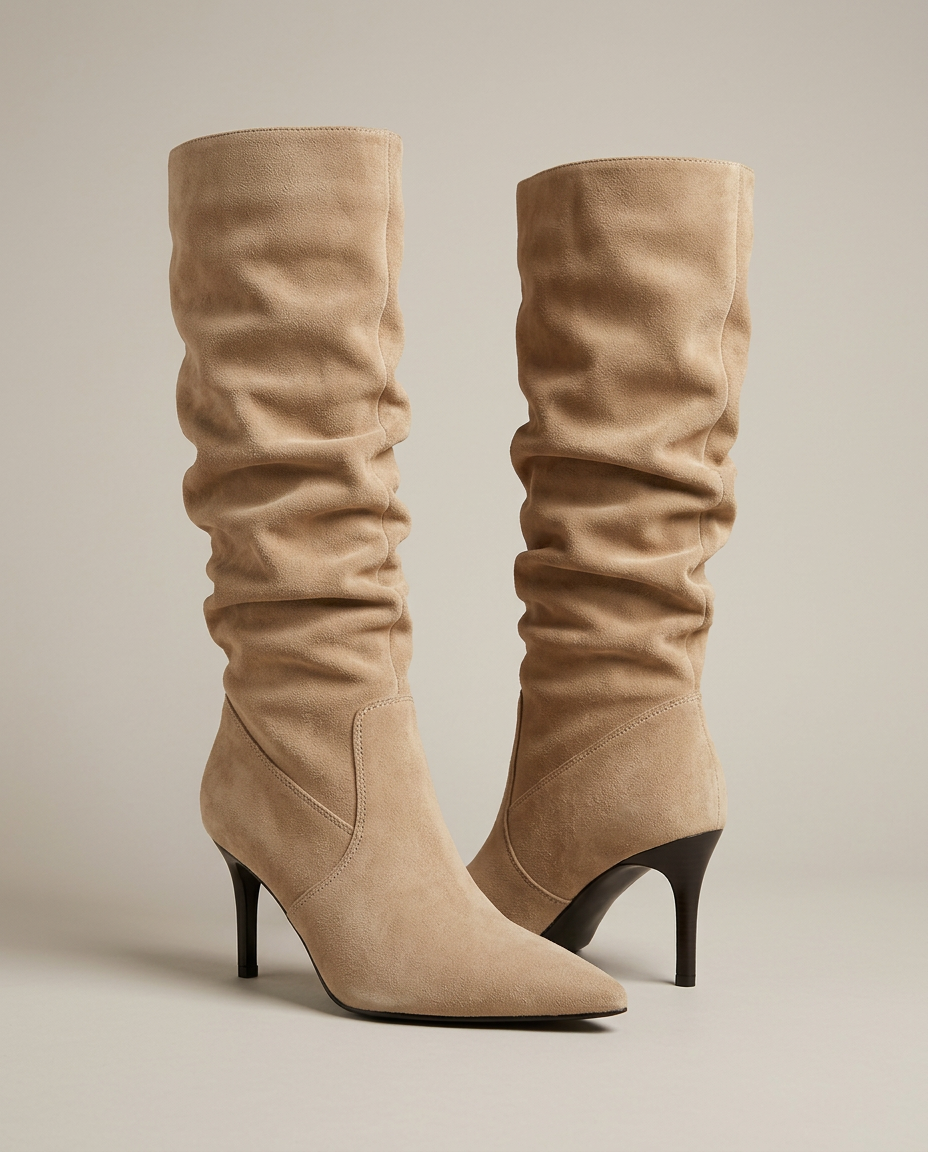 Women's suede-style slouch knee-high boots in beige