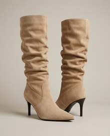 Women's suede-style slouch knee-high boots in beige