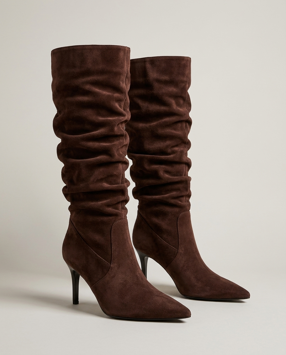 Women's suede-style slouch knee-high boots in brown