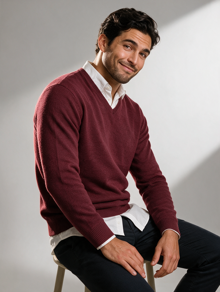 Wine red men's V-neck wool blend jumper on model