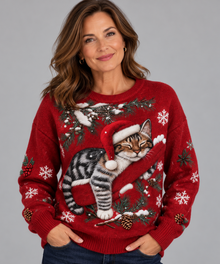 Women's Fluffy Christmas Jumper – Cosy Festive Cat Print & Soft Knit