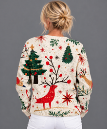 Women's Christmas Cardigan – Reindeer & Christmas Tree Knit V-Neck Button-Front Jumper
