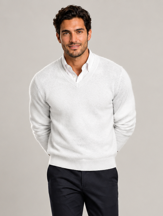White men's V-neck wool blend jumper on model
