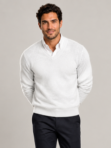 White men's V-neck wool blend jumper on model
