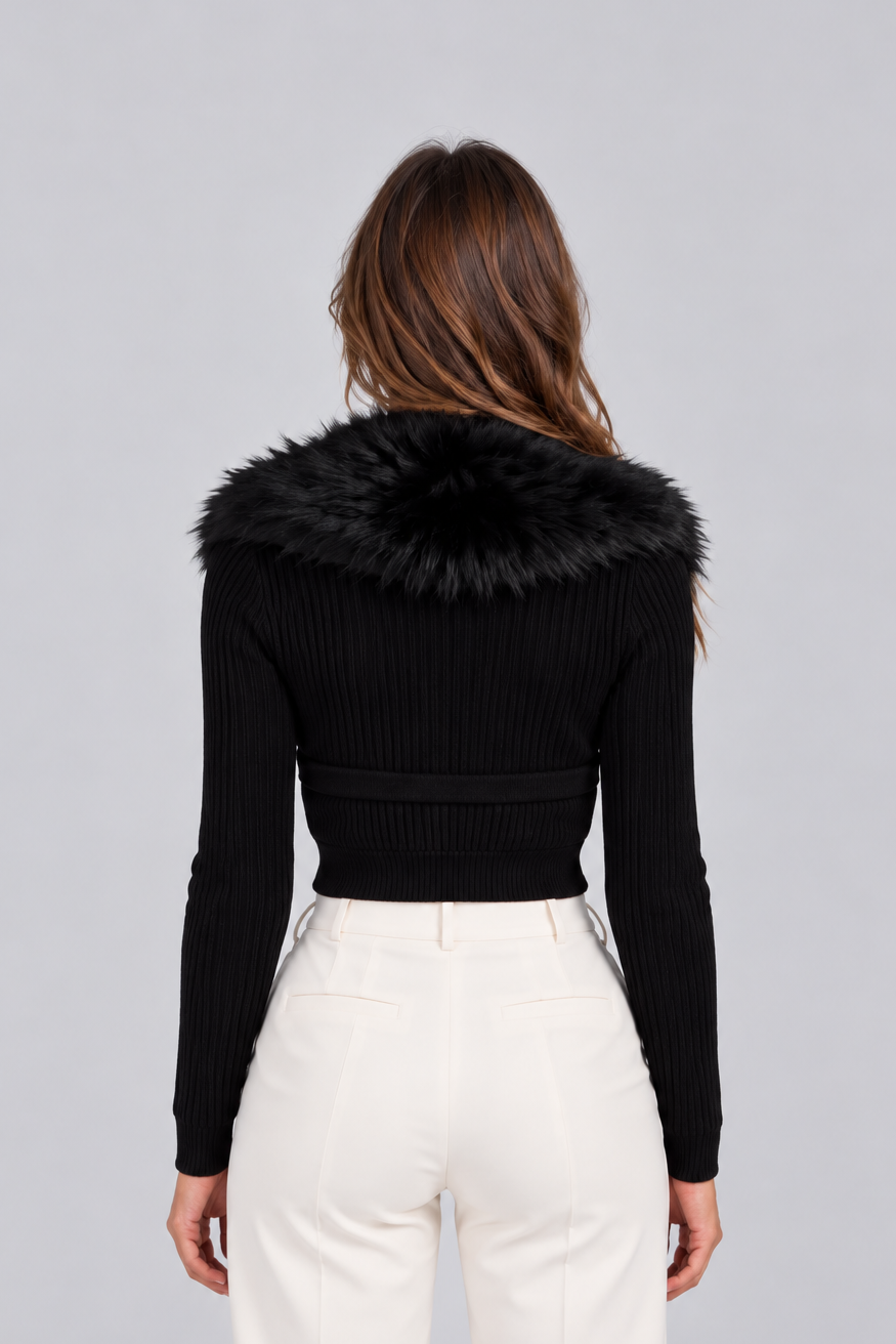 Women’s Plush Faux Fur Collar Cardigan – Ribbed Button Front Knitwear