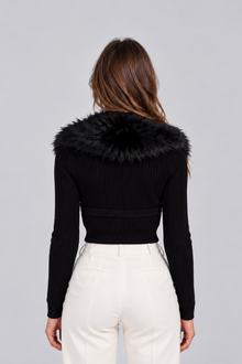 Women’s Plush Faux Fur Collar Cardigan – Ribbed Button Front Knitwear