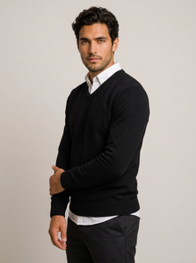Black men's slim fit V-neck jumper on model