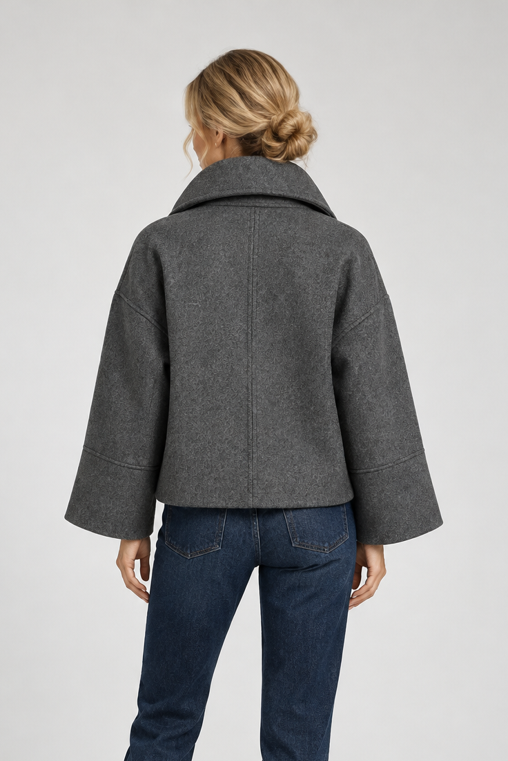 Women's Short Wool Wrap Coat in Dark Grey – front view