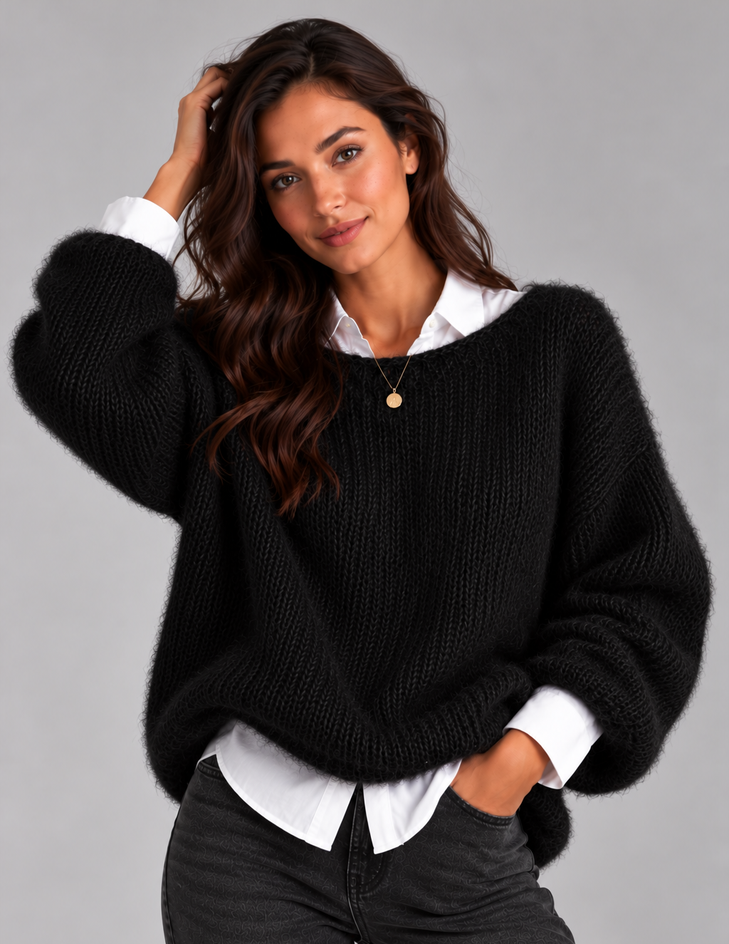 Women’s Fluffy Cropped Jumper – Brushed Knit Boat Neck Sweater