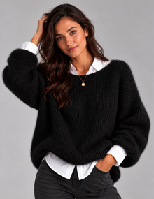 Women’s Fluffy Cropped Jumper – Brushed Knit Boat Neck Sweater