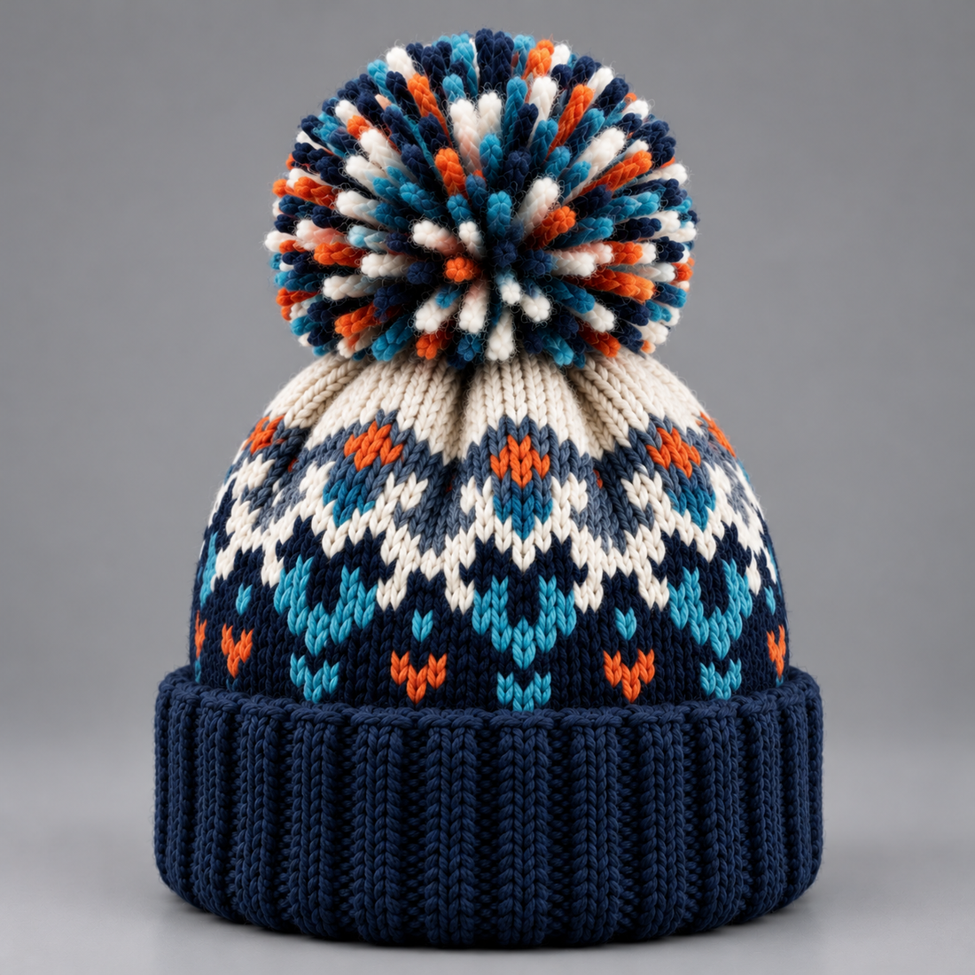 Women's Beanie Hat – Snowflake Knit Bobble Hat with Pom Pom & Ribbed Cuff