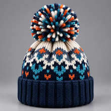 Women's Beanie Hat – Snowflake Knit Bobble Hat with Pom Pom & Ribbed Cuff