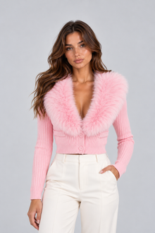 Women’s Plush Faux Fur Collar Cardigan – Ribbed Button Front Knitwear