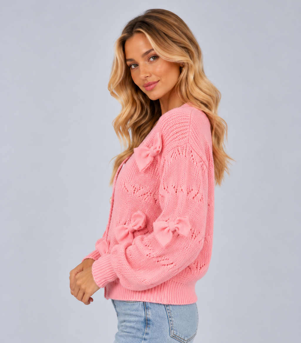 Women’s Bow Cardigan – Textured Knit V-Neck Button Up Cropped Cardigan