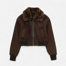 Women's Brown Bomber Jacket with Faux Fur Collar