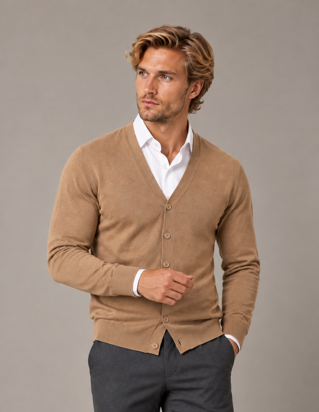 Men’s V-Neck Button Cardigan Sweater – Long Sleeve Knit with Pockets