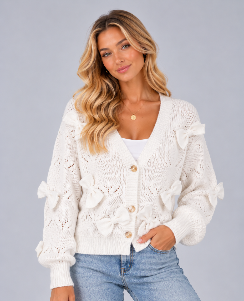 Women’s Bow Cardigan – Textured Knit V-Neck Button Up Cropped Cardigan