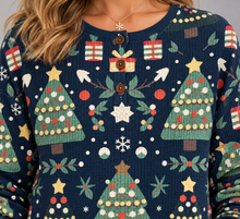 Women's Christmas Jumper – Nordic Tree & Gift Print Waffle Knit Henley