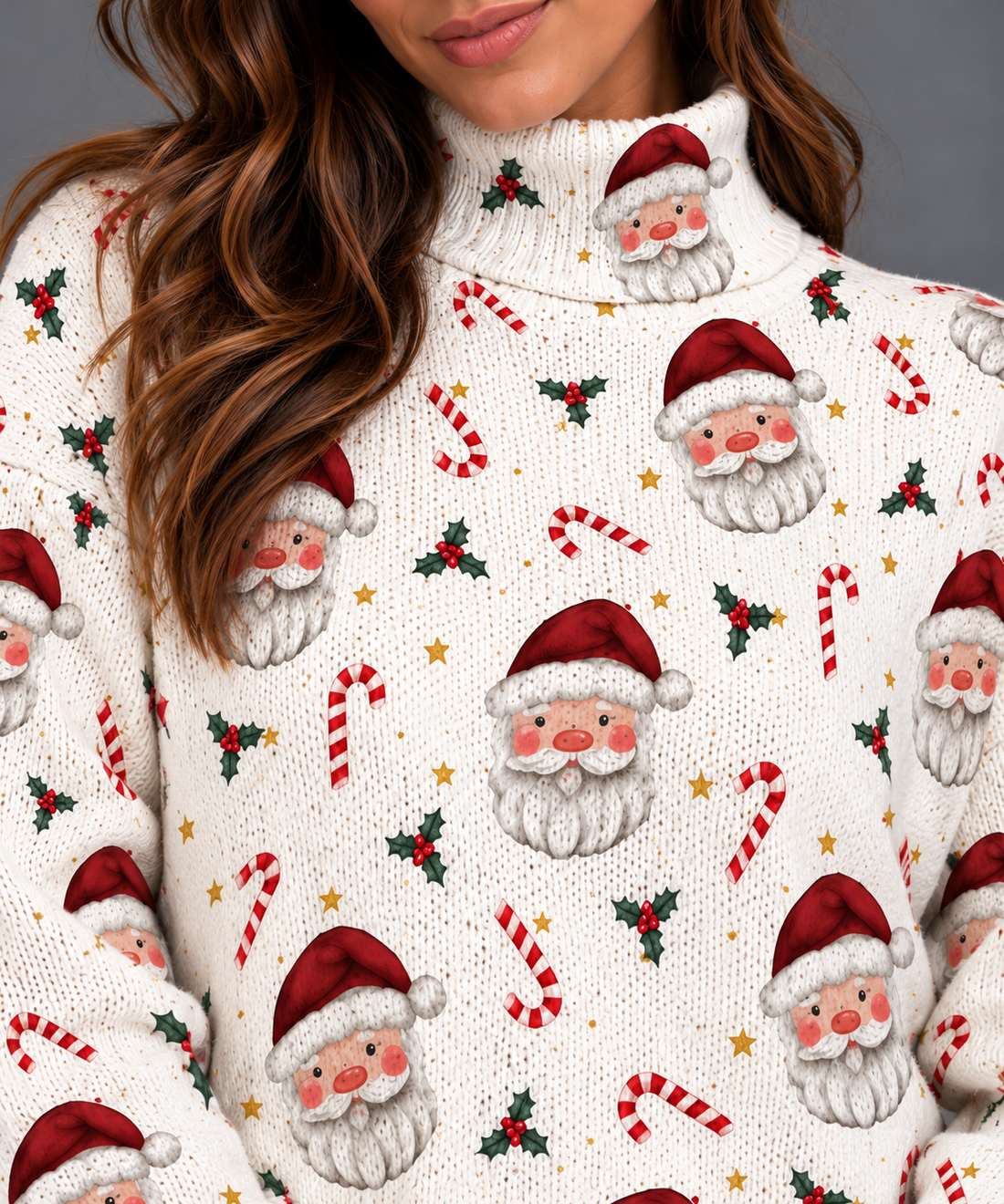 Women's Christmas Jumper – Santa Claus & Candy Cane Print Mock Neck Knit Sweater
