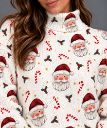 Women's Christmas Jumper – Santa Claus & Candy Cane Print Mock Neck Knit Sweater