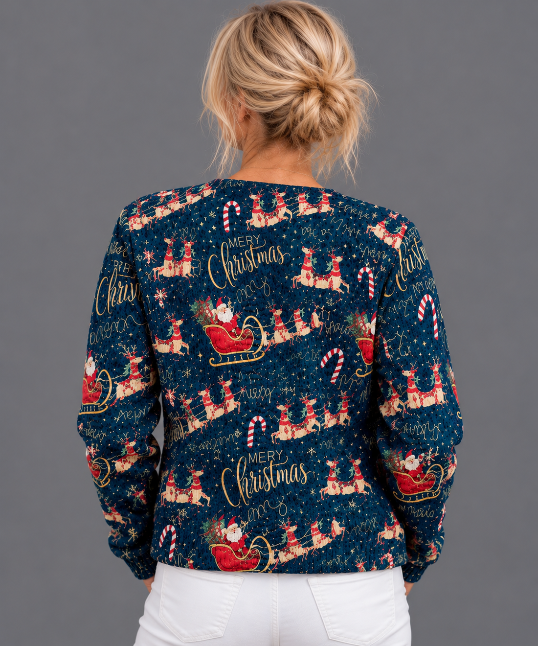 Women's Christmas Cardigan – Santa Sleigh & Reindeer Print V-Neck Button-Front Jumper