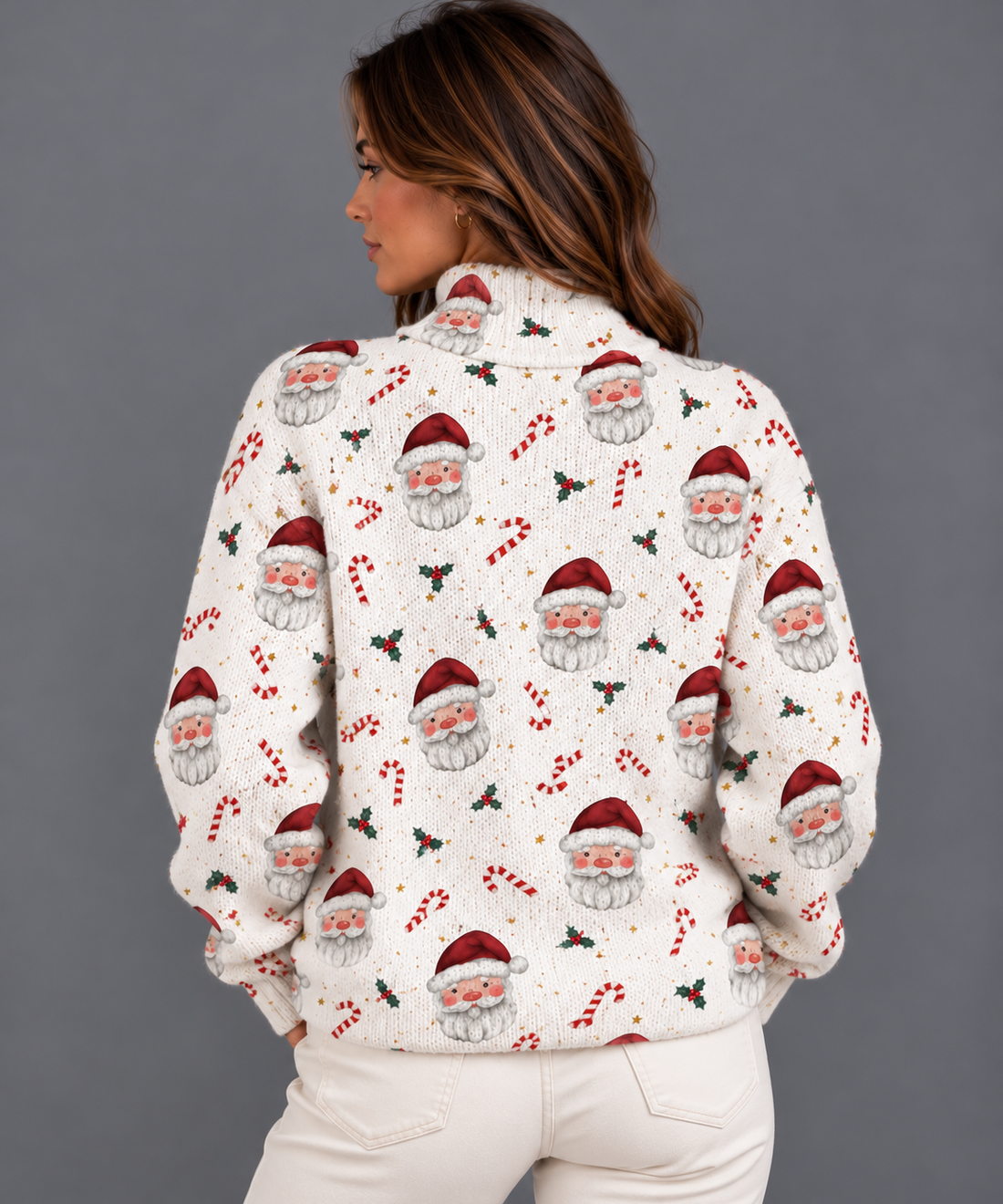 Women's Christmas Santa Claus & Candy Cane Print Mock Neck Knit Sweater in White – front view