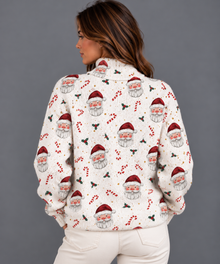 Women's Christmas Jumper – Santa Claus & Candy Cane Print Mock Neck Knit Sweater