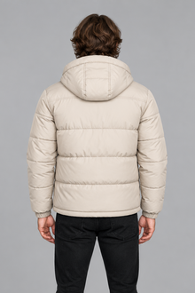 Men's Quilted Puffer Jacket with Detachable Hood in Beige – back view
