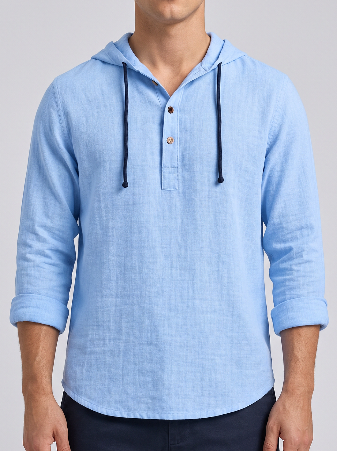 Men's Linen Hooded Henley Shirt in Light Blue – front view
