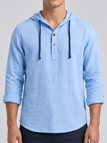 Men's Linen Hooded Henley Shirt in Light Blue – front view