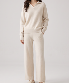 Women's Cashmere Co Ord Set – Knitted Polo Jumper & Wide Leg Trousers in Ivory – front view