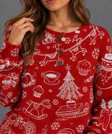 Women's Christmas Jumper – Festive Doodle Print Waffle Knit Henley