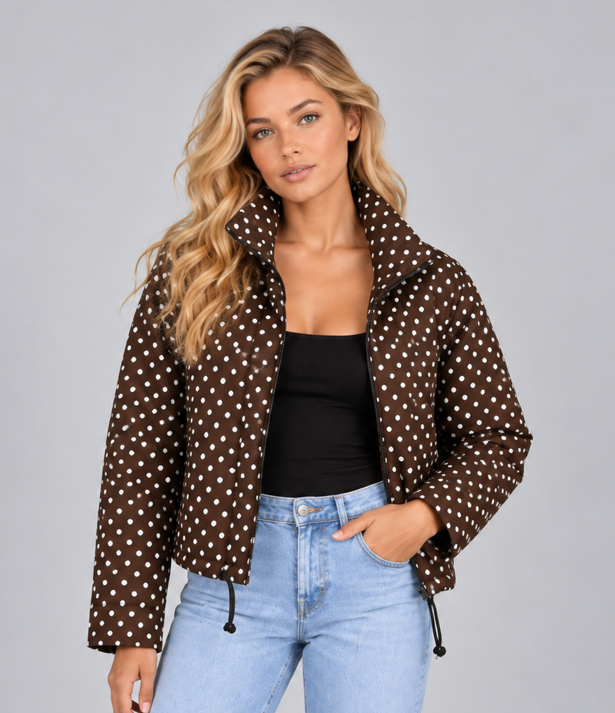Women’s Polka Dot Cropped Jacket – Zip Up High Collar Drawstring Coat