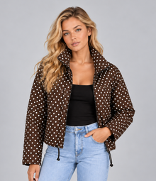 Women’s Polka Dot Cropped Jacket – Zip Up High Collar Drawstring Coat