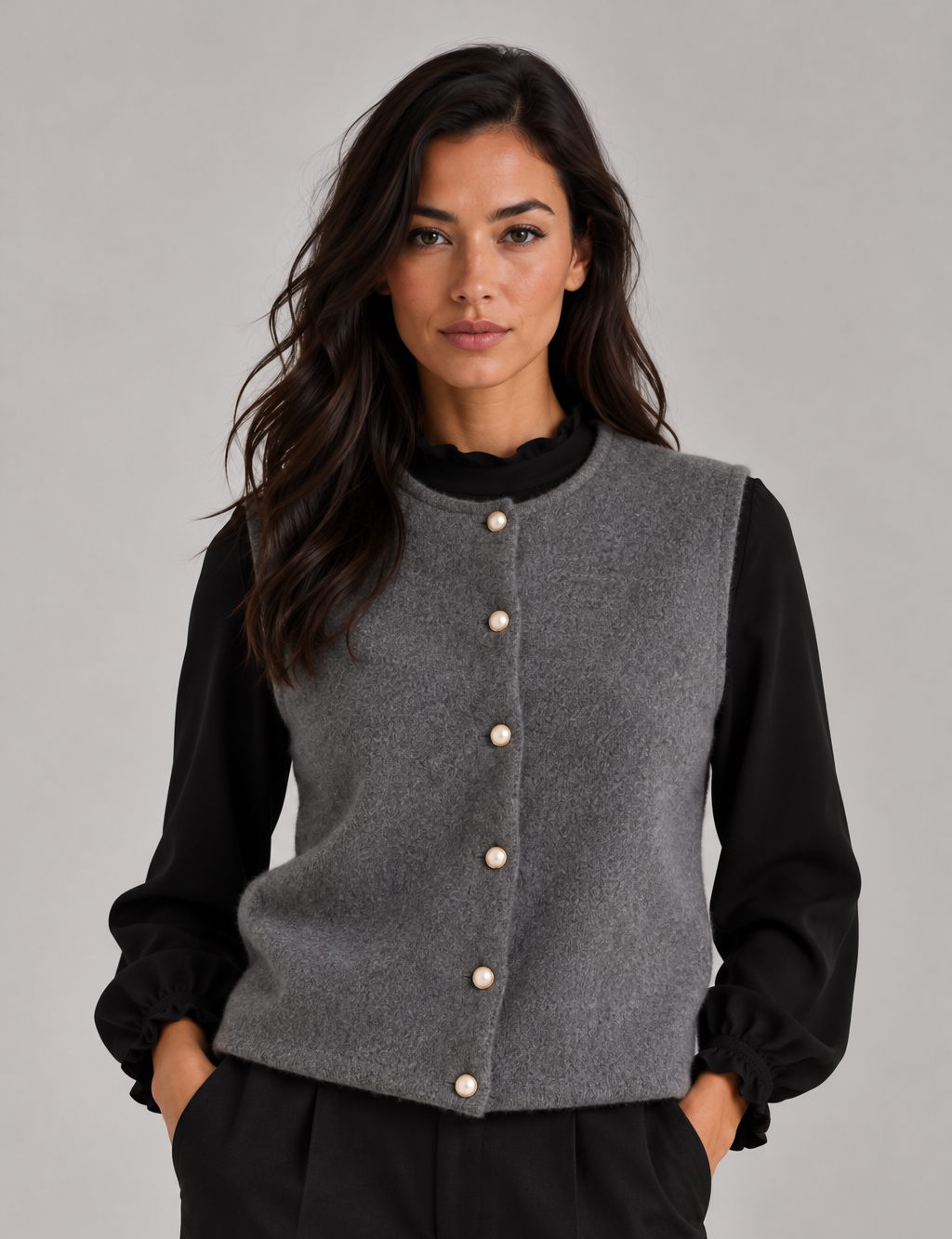 Women’s Button Up Sweater Vest – Knitted Waistcoat, Round Neck Sleeveless Knit
