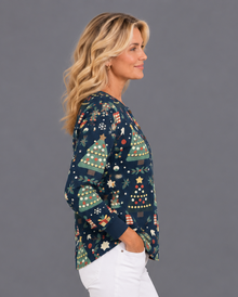 Women's Christmas Jumper – Nordic Tree & Gift Print Waffle Knit Henley