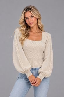 Women’s Square Neck Cable Knit Jumper – Balloon Sleeve Fitted Sweater