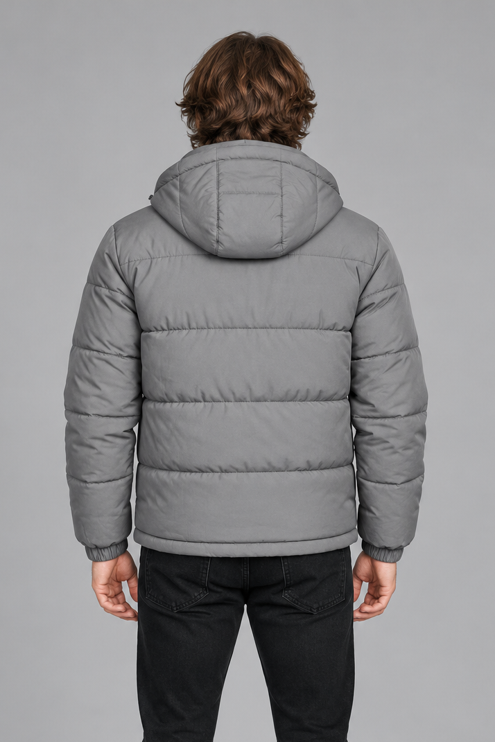 Men's Quilted Puffer Jacket with Detachable Hood in Grey – front view